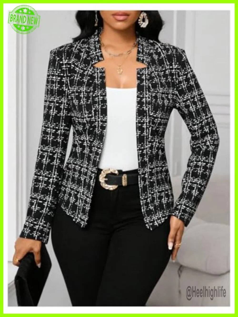 Elegant Plaid Tweed Blazer Open Front Long Sleeve Business Work Suit Jacket